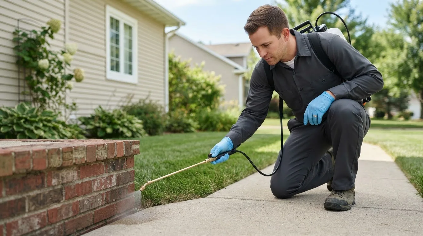 Pest control technician treating a home near Mount Union, IA