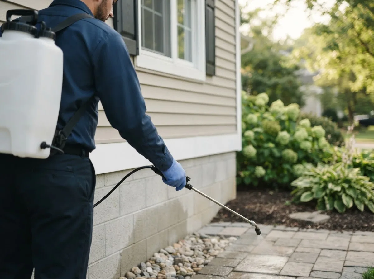 Pest control technician inspecting a home in Mount Union, IA